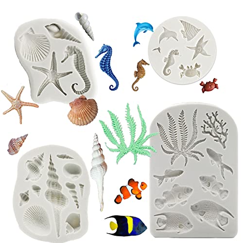 Memovan Marine Theme Silicone Fondant Mold 4Pcs Marine Under The Sea Cake Mold Hippocampus Seaweed Sea Fish Crab Coral Conch Sea Shell Silicone Chocolate Mold For Under The Sea Cake Cupcake Decoration #TOP15