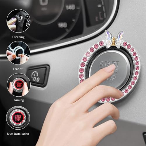 Image of DXNQ 2PCS Bling Ring Emblem, Sparkling Butterfly Car Buttons and Knobs Ring, Girly Butterfly Diamond Car Engine Start Button Cover, Key Ignition Knob Rings Decoration for Women (Pink, Single Row)