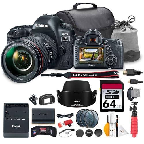 Canon EOS 5D Mark IV DSLR Camera with 24-105mm f/4L is II USM Lens Bundle | 30.4MP Full-Frame Sensor, Dual Pixel AF & 4K Video | for Events & Pro Photography (1483C010) + 64GB Card + Bag + More