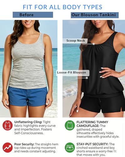 Image of Aqua Eve Two Piece Women's Tankini Swimsuits Blouson Swim Tank Top with Shorts Modest Bathing Suits