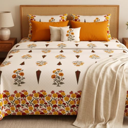 Image of Naksh Bedsheet for Double Bed King Size Floral Print 2 Pillow Covers | Marigold Botanical Bedsheet | Soft Breathable Floral Bedding Set, Ochre Orange | Royal Sajawat Collection |