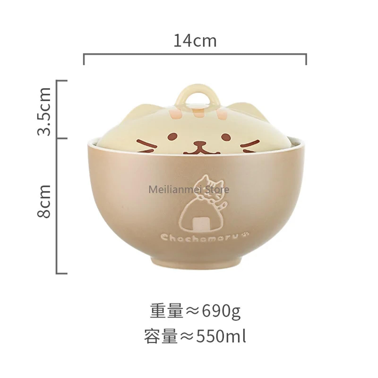 Bol à soupe japonais créatif en céramique avec couvercle, motif chat mignon de dessin animé, multi-usage pour nouilles instantanées, riz, vaisselle domestique (As)