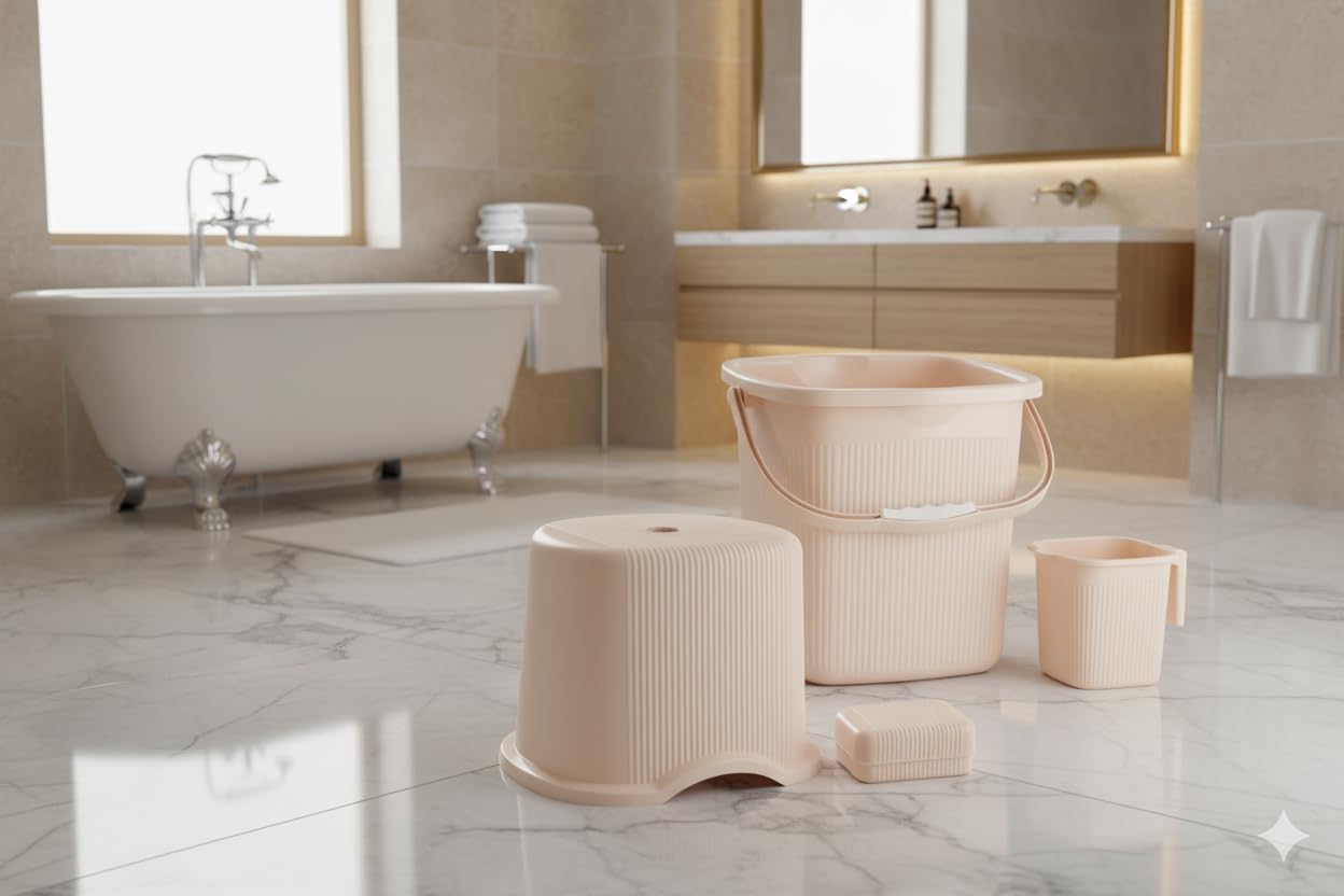 MODWARE Bathroom Set, Pack of 4, Bucket, Mug, Soap Case, Stool
