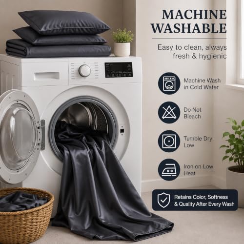 DECORUM Satin Fitted Bedsheet King Size 72x78x10 Inches Charcoal Black - Image 6