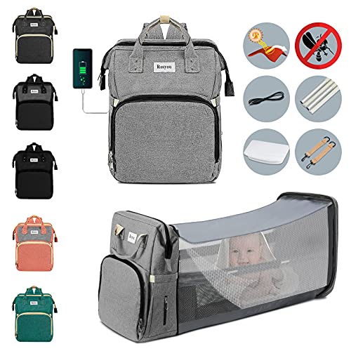 Diaper Bag Backpack, Multifunction Travel Baby Nappy Changing Bag for Dad Mom with Insulated Pockets, Mosquito Net, Changing Pad, Storller Straps, Maternity Baby Bag for Boys Girls (Light Grey)