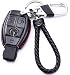 WAFERN Genuine Leather Key Case Cover Shell for Mercedes-Benz 3-Button Keyless Entry Remote Control Smart Car Key Protection Fob Skin Cover Etui with Braided Key Chain & Key Rings in Black