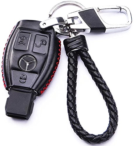 WAFERN Genuine Leather Key Case Cover Shell for Mercedes-Benz 3-Button Keyless Entry Remote Control Smart Car Key Protection Fob Skin Cover Etui with Braided Key Chain & Key Rings in Black