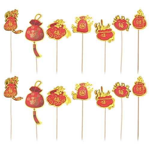 Bestoyard 35Pcs 2021 Cake Toppers Chinese New Years Fu Cupcake Toppers Fruit Picks 2021 Spring Festival Cake Decorations #TOP1