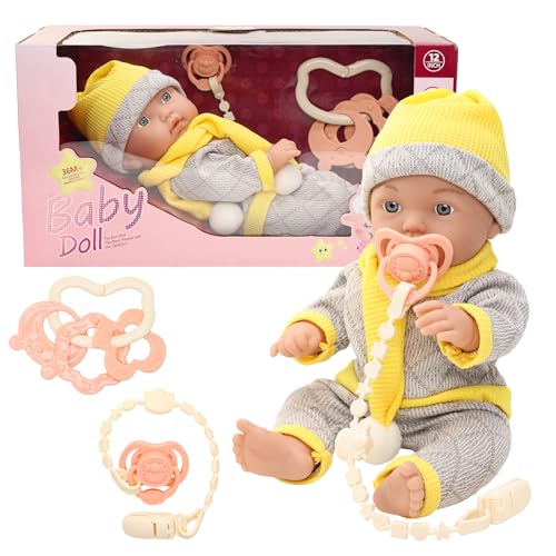 Festfun 30cm Poupée Bébé avec 1 Set de Vêtement Chapeau Foulard, Mini Poupée Poupon 30cm avec Le Habit Biberon Accessoire, Cadeau des Enfants