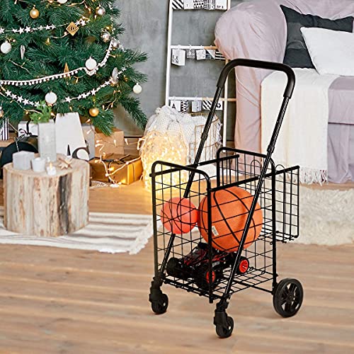 Happygrill Foldable Shopping Cart For Luggage Travel Grocery Utility Cart Durable Metal Push Cart With Double Basket And Swivel Wheels #TOP1