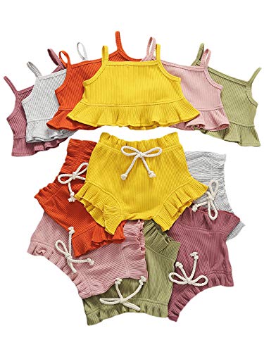 Toddler Baby Girls Summer Clothes Set Leopard Print Ruffle Tank Top + Shorts Bloomers Infant Spring Outfits?Knit-Yellow?18-24 Months?