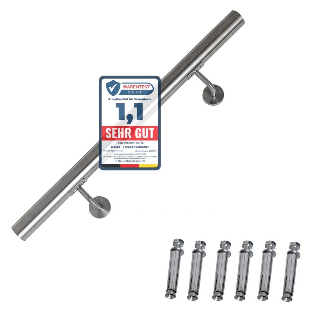 Melko - Handrail per scale in acciaio inox V2A, con supporto a parete e terminali, 200 cm, corrimano per ringhiera, parapetto