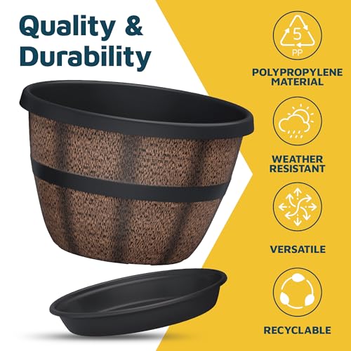 10-Inch Whiskey Barrel Planters Outdoor Pack of 2 - Durable Plastic Plant Pots for Indoor & Outdoor Use with Drainage & Saucer, Lightweight Rustic Barrel Planters for Flowers, Herbs & Small Plants by Lifemaster - Used condition - Image 6