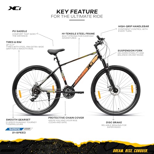 Image of XCi Brave 29T Shimano Geared for Men TUF Shox Front Suspension 21 Speed MTB 29 T (inch) Mountain Cycle Black Gold
