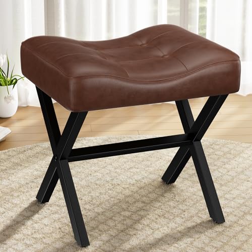 Image of Memobarco 18-Inch Large Leather Vanity Stool, Vanity Chair with Metal X-Leg, Ottoman Accent Stool with Thick Padded Saddle Seat, Dark Brown