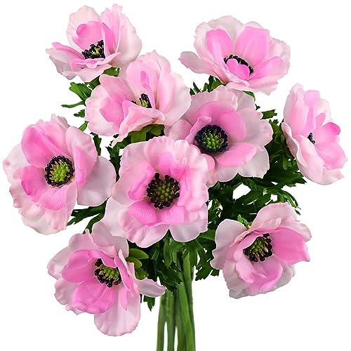 FiveSeasonStuff 9 Long Stems of ‘Real Touch’ Artificial Anemone Flowers & Bouquet, for Home Wedding Décor, DIY Flower Arrangement Decoration, 50cm (19.7 inches) (Refreshing Pink)