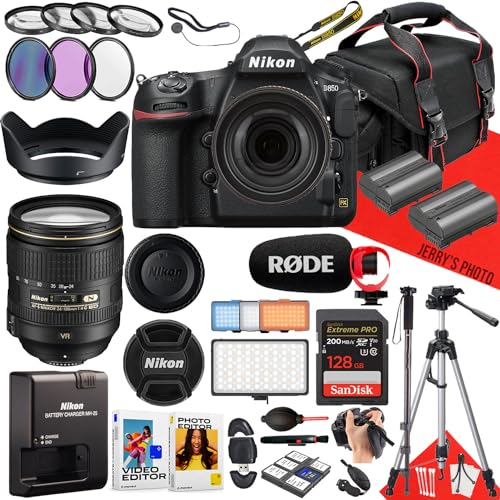Nikon D850 DSLR Camera with AF-S 24-120mm f/4G ED VR Lens + 128 GB Memory + RODE Microphone + LED Light + Monopod + Filters + Tripod + More (35pc Bundle) (Renewed)