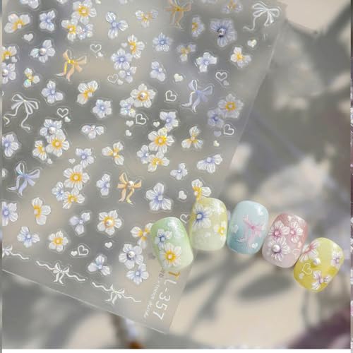 Image of Flower Nail Stickers Decals Holographic Floral Nail Decals 5D Embossed Self Adhesive with Pearl Design for Women DIY Manicure Charms Supply Decoration