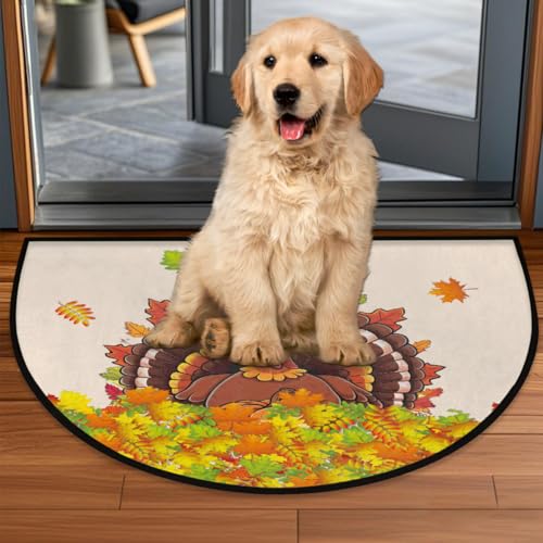 Image of cfpolar Half Round Door Mat Thanksgiving Turkey Autumn Non-Slip Semi Circle Area Rug Washable Half Moon Hearth Rugs for Indoor Outdoor Bathroom Kitchen Patio Runner Mat Laundry Room Home Decoration