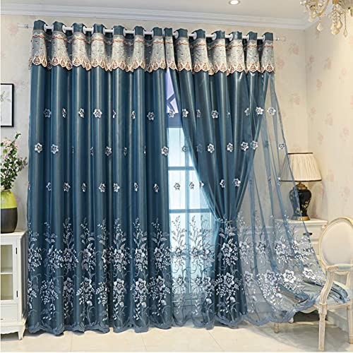 Curshimer Double Layer Blackout Curtains With Flower Embroidered Sheer Luxury European Mix Match Window Drape Grommet Curtain Attach Valance 1 Panel #TOP5