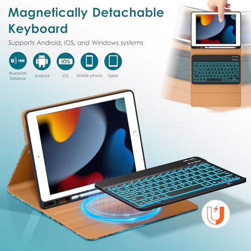 Image of DTTO for iPad 9th /8th /7th Generation 10.2 inch Case 2021 /2020 /2019 with Keyboard, 7 Colors Backlit Wireless Detachable Keyboard Premium Leather Folio Cover with Pencil Holder & Pocket, Sandy Wave