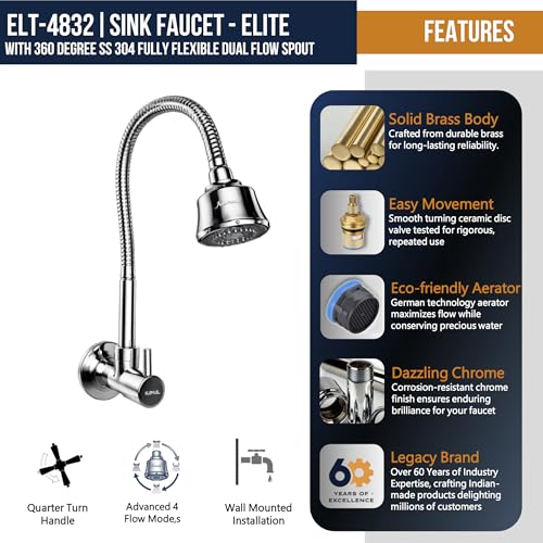 Image of KAMAL Sink Spray Tab - Elite | 360 Degree Flexible Wall Mounted Kitchen Faucet | Dual Flow SS304 Grade 50cm Extendable Spout & Brass Body Faucet | Aerator & Shower Spray Bib (Wall Mount Installation)