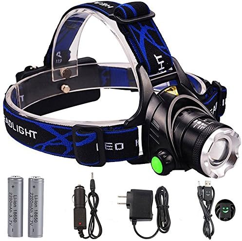 Headlamp, GRDE Zoomable Brightest High LED Work Headlight 3 Modes with 18650 Rechargeable Batteries Flashlight, USB Cable for Camping, Hiking, Outdoors (dark blue)
