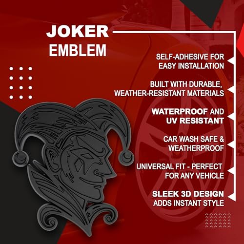 Image of Joker Emblem 3D Jester Badge - Custom Car Decal Sticker for Car, Truck, SUV - Durable Exterior Trunk, Hood, Fender (Set of 2) (Matte Black)
