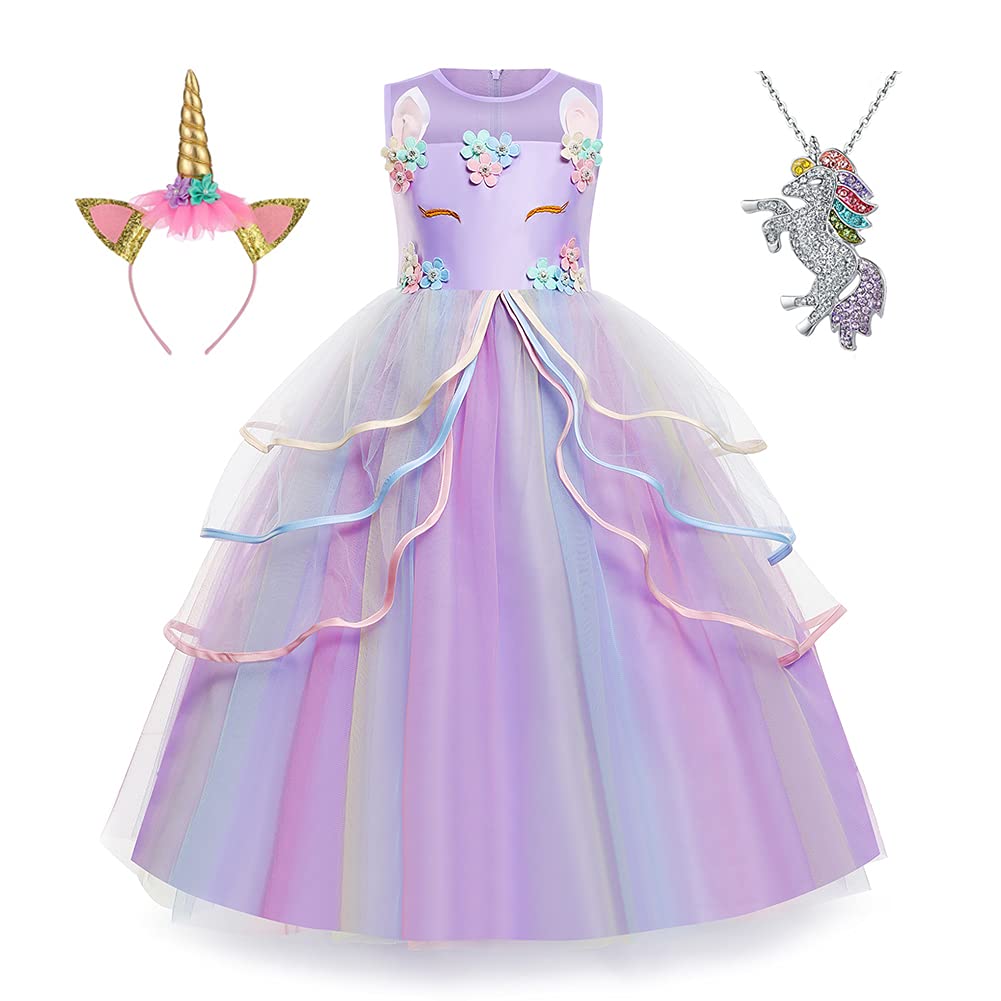 Yipkorra Unicorn Dress for Girls Unicorn Costume Pageant Princess Party Birthday Long Gown with Unicorn Headband & Necklace