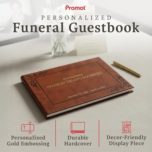 Image of Promot Funeral Guest Book for Memorial Service- Guest Book for Funeral Celebration of Life Decorations, in Loving Memory Guestbook Set with Wide-Ruled Pages, Custom Gold Foil Embossed Text (Brown)