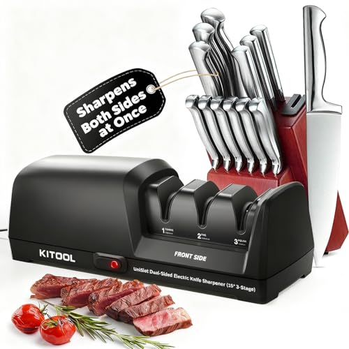 KITOOL Electric Knife Sharpener, 3-Stage with 100% Diamond Abrasives, Dual-Sided Fast Sharpening,...