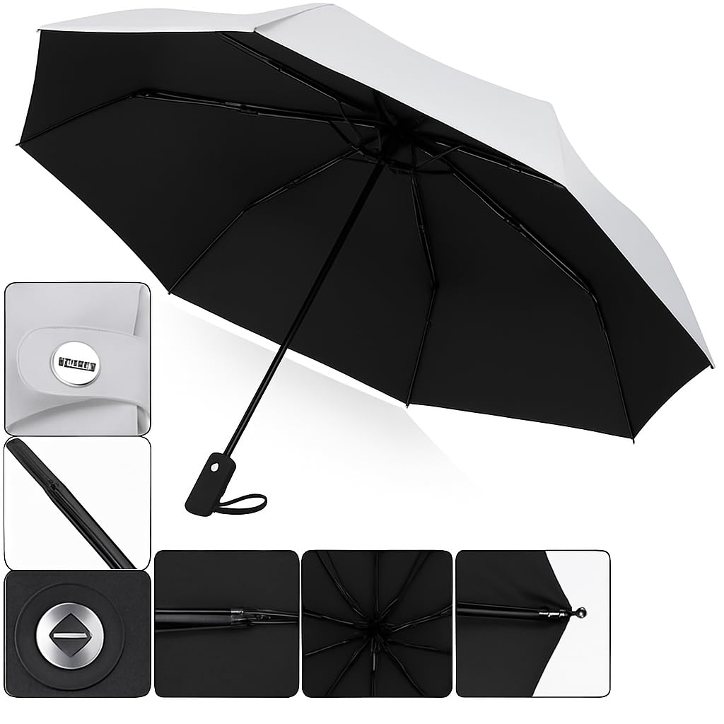 PRANIJ One-Click Auto Open/Close 3-Fold Travel Umbrella For Women, Men, & Kids, Sun & UV Protection Compact Lightweight Windproof Umbrella for Rain (Light Grey) 1