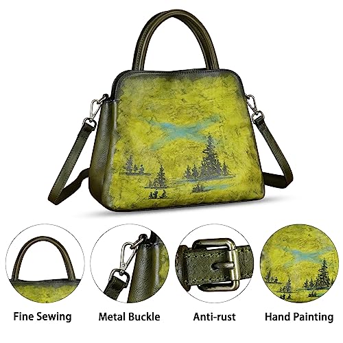 Image of Genuine Leather Handbag for Women Hand Painted Leather Top Handle Satchel Handmade Crossbody Purse