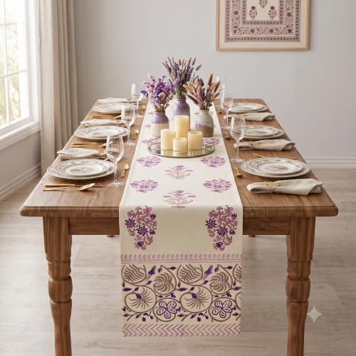 Image of BLOCKS OF INDIA Hand Block Printed Cotton Table Runner, Mat and Napkin Set for Center /Dining Table
