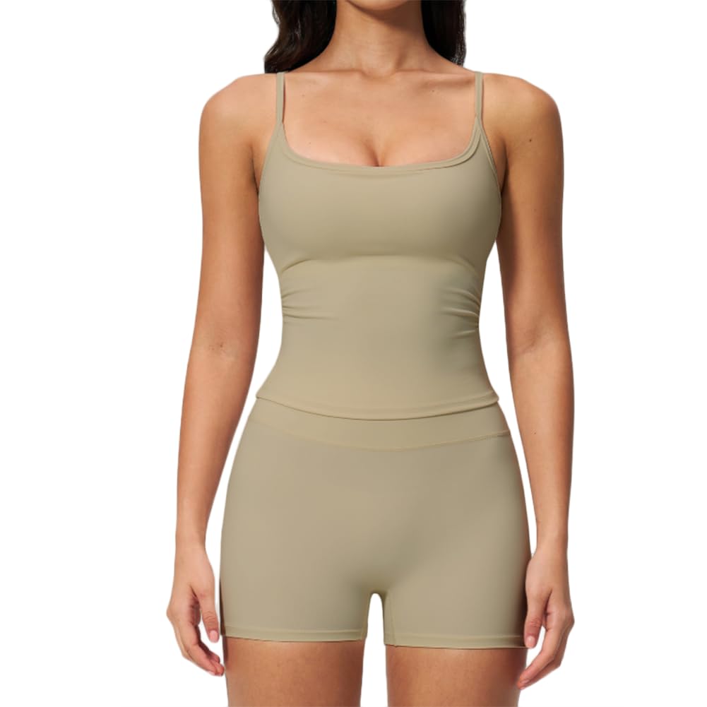 JPXJGT Breathable Yoga Vest & Hip Shorts 2-Piece Yoga Set Outdoor Fitness Sports Suit Sportwear(Size:M,Color:Light brown)