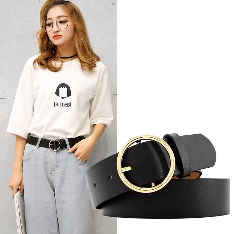 Women's Leather Belt with Round Gold Buckle, Black, Fashion Casual Waist Belt2