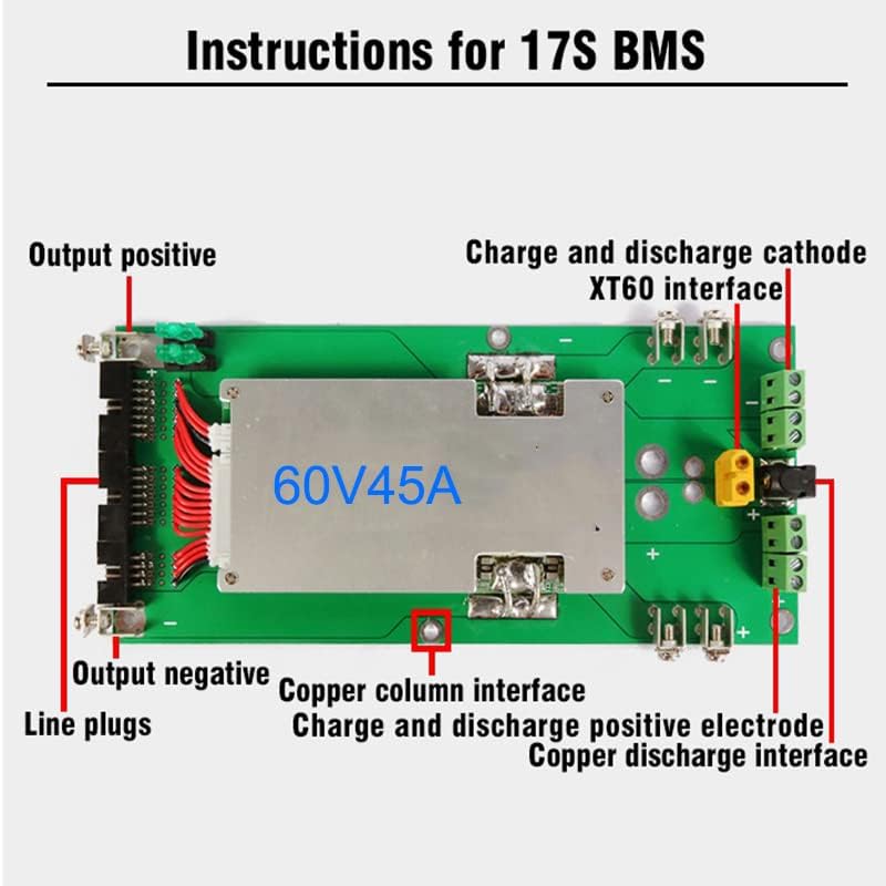 XBERSTAR 18650 Battery Holder 62V/72V Battery Box Balancer PCM 17s 45A BMS DIY Kit 18650 Battery Pack for Ebike Electric Car (62.9V45A BMS)