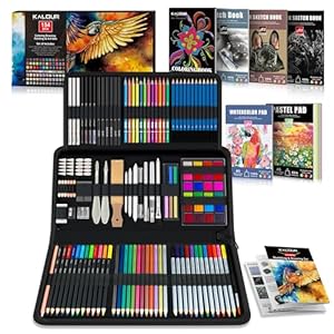 KALOUR 154PCS Artists Art Supplies – Drawing Kit with 6 Sketchbook,Tutorial,Coloring Paper – Graphite,Colored, Charcoal, Watercolor & Metallic Pencils – for Artists and Beginners