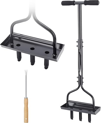 ZQVU Aireador de césped con bandeja de almacenamiento de núcleo de suelo, herramienta de aireación manual de césped con 3 púas, herramienta de