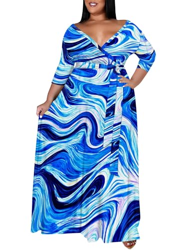 Image of SUZONANA Plus Size Maxi Dresses for Curcy Women Casual Loose 3 /4 Sleeve Long Dress with Belt