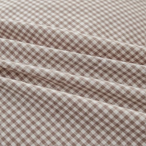 Image of Mini Gingham Brown Duvet Cover King 100% Washed Cotton Bedding Set Like Linen Soft Breathable 3 Piece Classic Plaid Checkered Comforter Cover Set (King 104 inchx90 inch, Comforter Not Included)