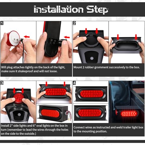 Image of LINKITOM Trailer Lights Welded Mount Steel Boxes Kit w /6 inch LED Oval Tail Lights & 2 inch LED Red Round Side Lights w /Grommet wire connectors, 2 Pack