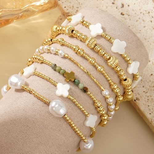 7PCS Dainty Cross Clover Gold Beaded Pearl Bracelet Stack for Women,Handmade Boho Gold Plated Beads Stretch Stackable Bracelets Fashion Birthday Prom Jewelry Accessories Gift Friendship3