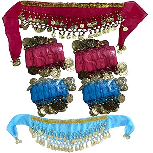 Zmdnys 2Set Belly Dance Hip Belt Scarf Wrist Band Arm Bracelets for girls (Rose Red Sky Blue set)