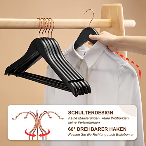 HOUSE DAY Kleiderbügel Holz 32 Stück schwarz Holzbügel Kleiderbügel Stabil Drehbar 44,5cm Breit, mit Einkerbung, Roségold Haken