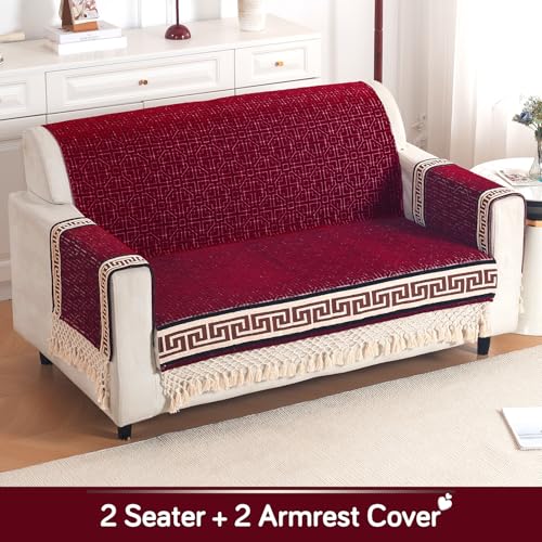 Image of HOKIPO 'Imperial Tassel Series' Thick & Soft Chenille Jacquard Sofa Cover 2 Seater Set for Seat, Back & Arms with Tassels, Royal Red (IN-1010 + IN-1012-I3*2)