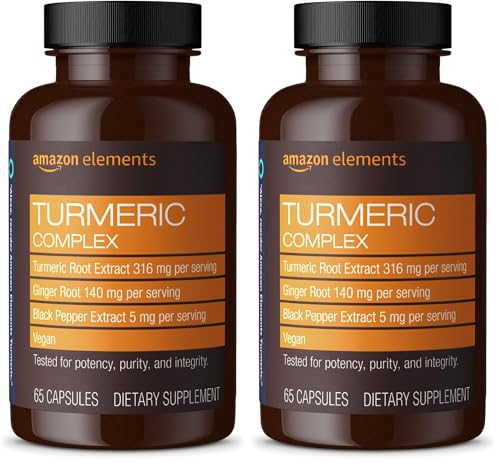Image of Amazon Elements Turmeric Complex, 316 mg Curcumin with Ginger and Black Pepper, Joint & Immune Support, 65 Capsules (Pack of 2)
