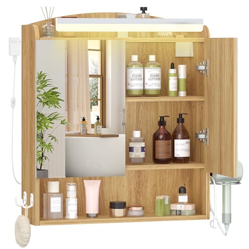 Hzuaneri Spiegelschrank Bad mit Beleuchtung, Badezimmerschrank mit Spiegel, Wandschrank, Haartrockner-Halter und Haken, mit Stecker, Verstellbarer Etagen, Helle Eiche, 16,5 x 60 x 68,5 cm MC10026XEU