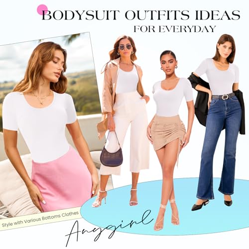 Image of Anygirl Short Sleeve Shapewear Bodysuit for Women Tummy Control Round Neck Body Shaper Seamless Thong Bodysuits T-Shirt Tops