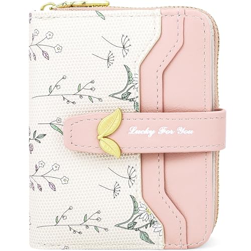 Image of Farcauo Cute Pink Flower Wallet for Women Small Kawaii Coin Purse with ID Window Compact Lightweight and Stylish Design Cash Wallet for Ladies